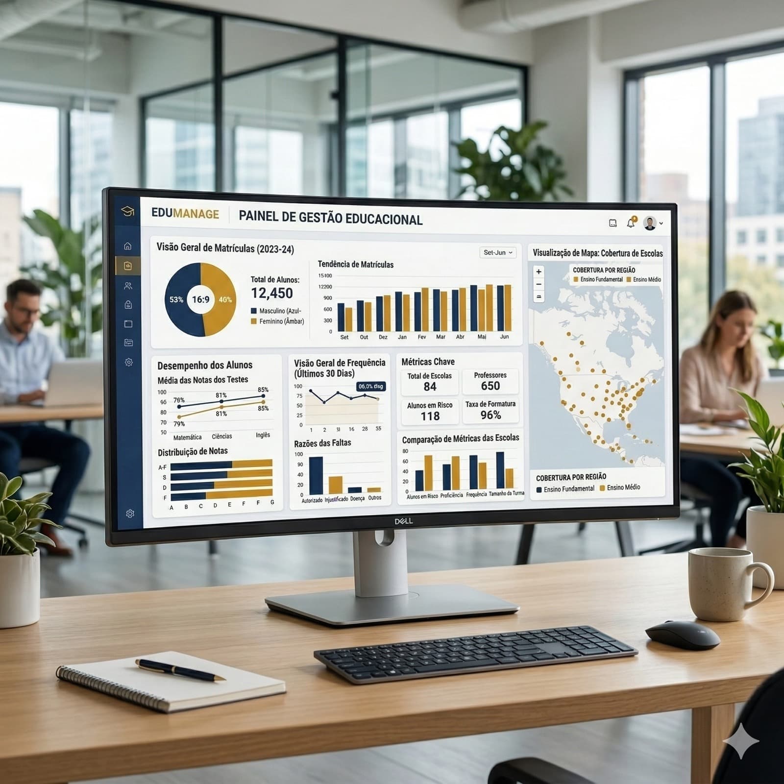 Dashboard de gestão educacional em uso