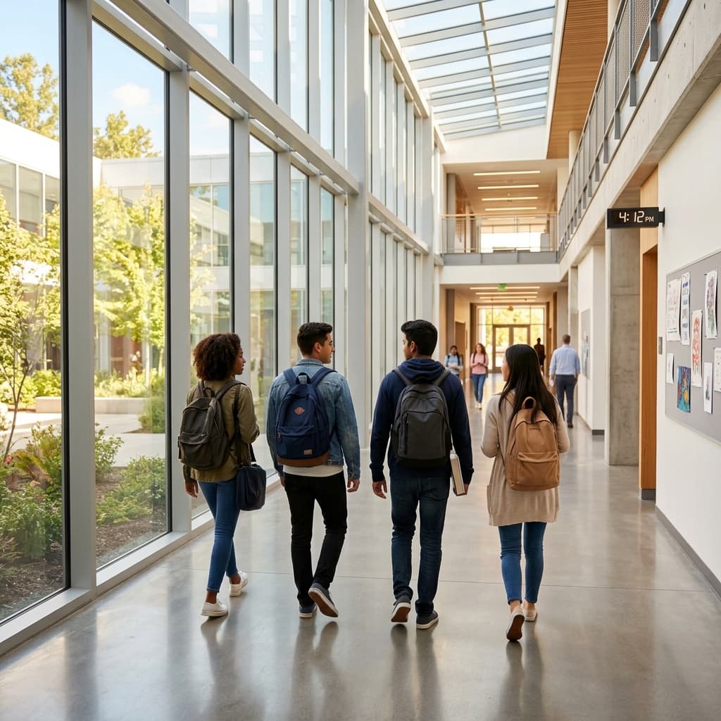 Alunos caminhando no corredor escolar